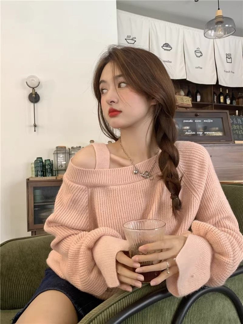 MY16444# 针织 设计感小众心机露肩毛衣女春秋冬宽松粉色针织衫上衣女裝貨源服裝批發