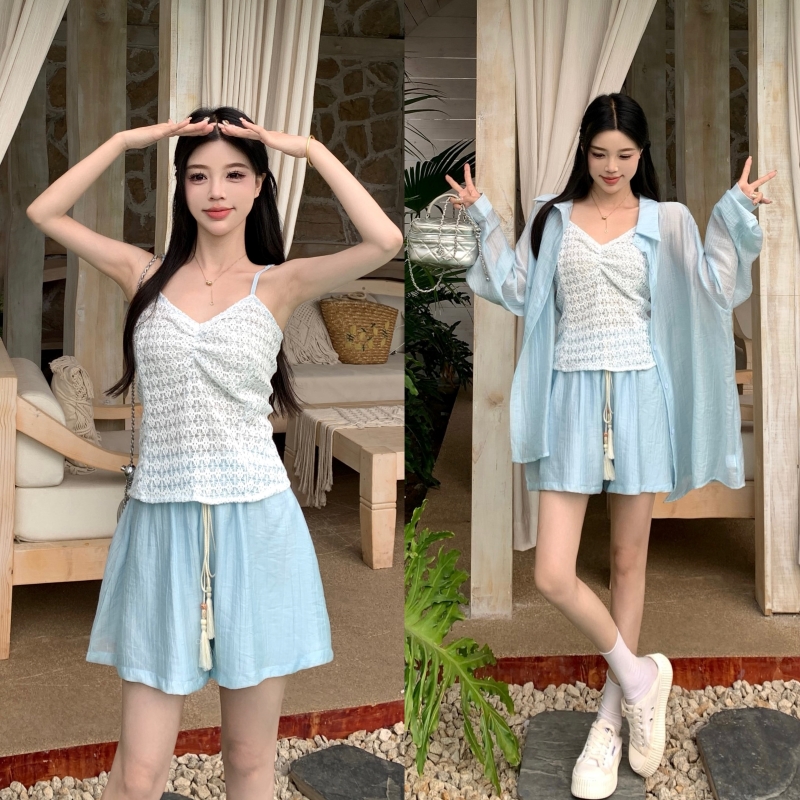 FA36587# 新款大码女装夏装蓝色吊带短裤衬衣三件套套装 服裝批發女裝批發服飾貨源