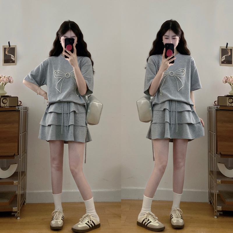 FA36585# 新款大码女装夏装钉珠蝴蝶结短袖T恤半身裙套装 服裝批發女裝批發服飾貨源