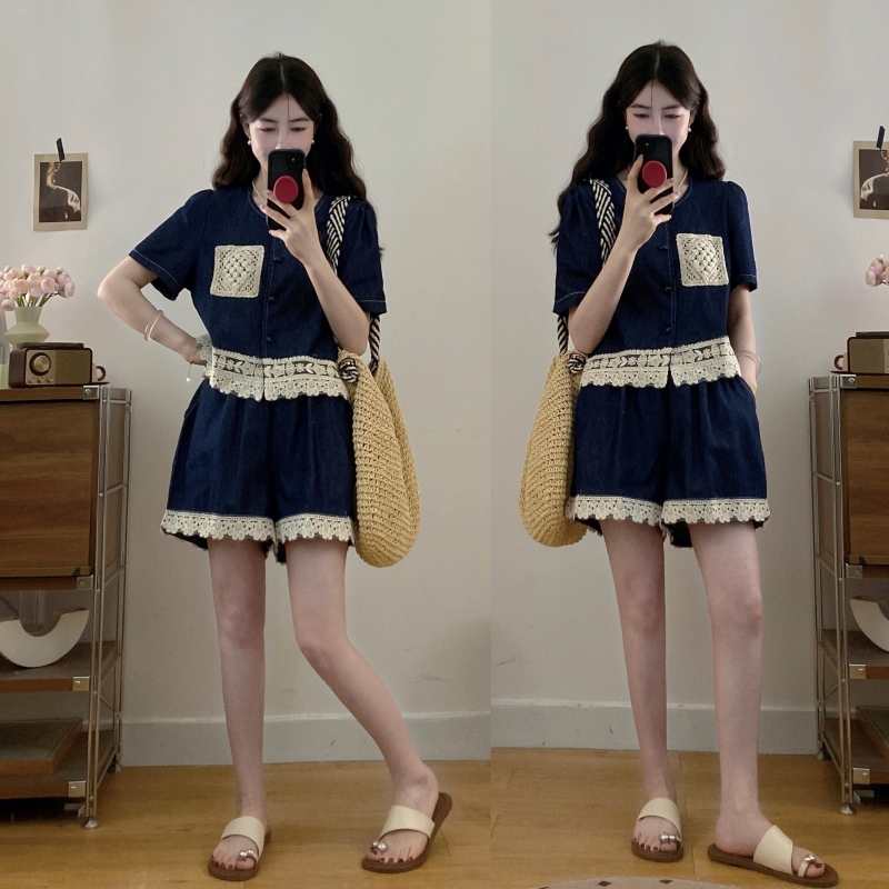 FA36586# 新款大码女装夏装拼接花边牛仔短袖上衣短裤套装 服裝批發女裝批發服飾貨源