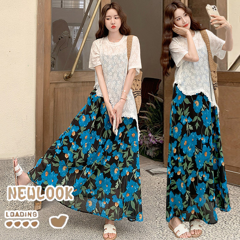 RY1110# 现 2026新款大码女装春夏装温柔系法式印花吊带裙蕾丝上衣两件套