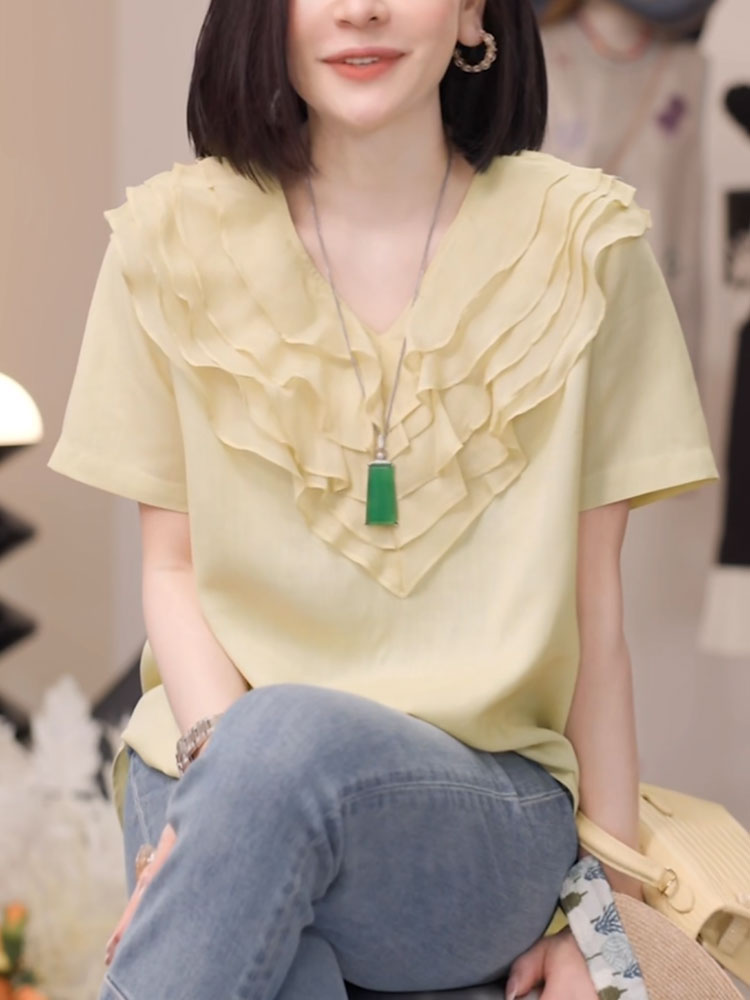 MY9941# 黄色t恤女短袖夏季新款宽松时尚显瘦设计感小衫荷叶边v领上衣女裝貨源服裝批發