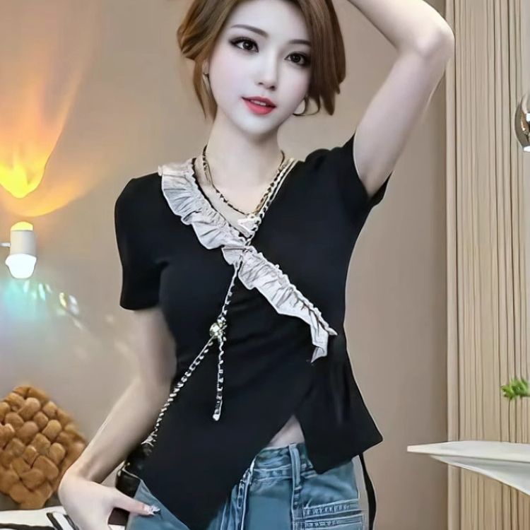 MY10981# 莱雅1*1随心裁V领短袖女T恤女夏季 新款气质黑色气开叉上衣女裝貨源服裝批發