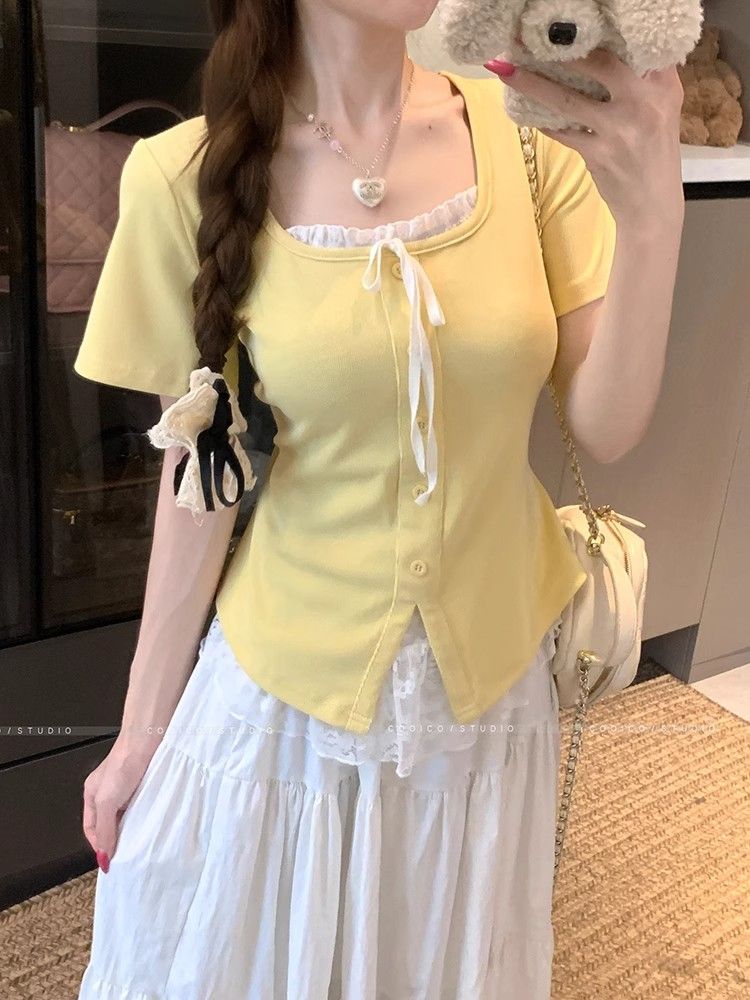 MY10979# 韩版大码胖妹妹纯欲甜美蕾丝拼接短袖T恤女新款夏季显瘦上衣女裝貨源服裝批發