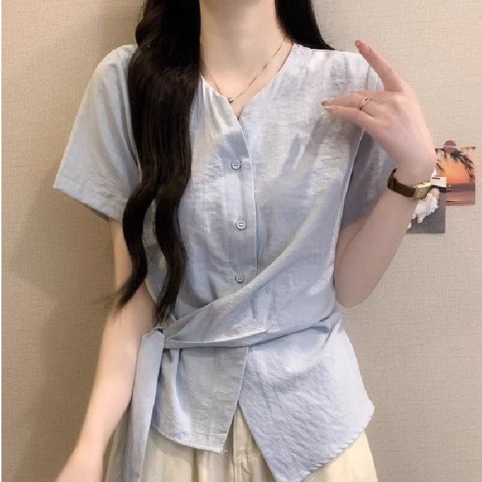 MY10978# 云朵皱短袖衬衫新款爆款法式V领小资掐腰不规则绑带女裝貨源服裝批發