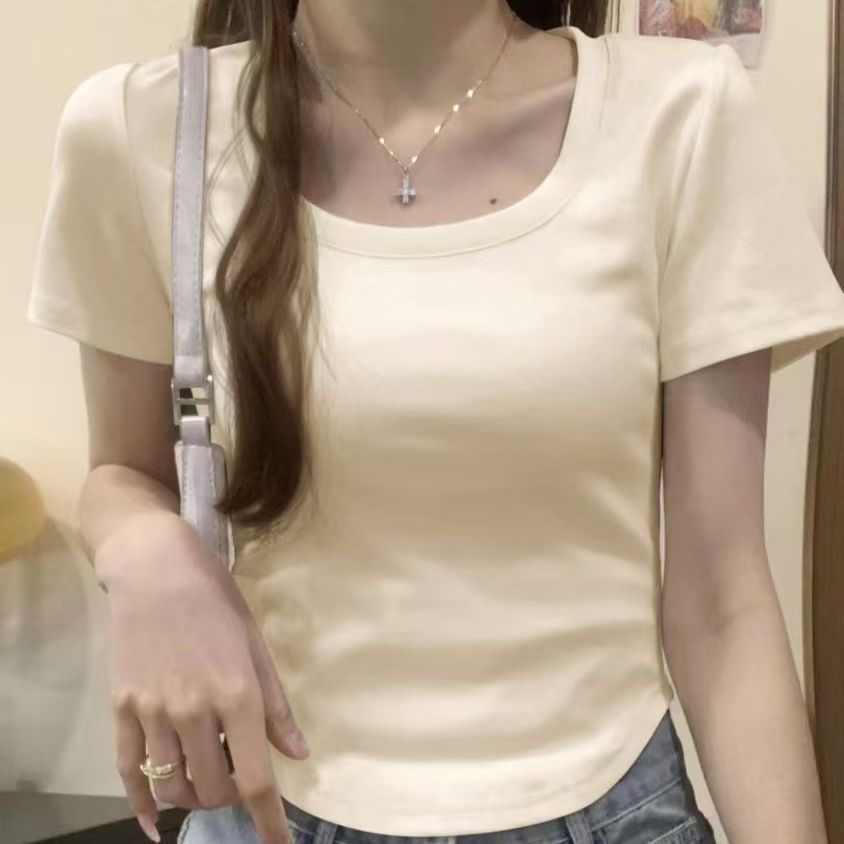 MY10975# 夏季新款纯棉圆领正肩短袖T恤女纯色弧形下摆修身显瘦短款上衣ins女裝貨源服裝批發