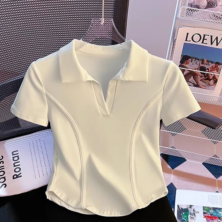 MY10969# 不规则弧形下摆短袖t恤女夏季新款polo翻领修身短款鱼骨上衣女裝貨源服裝批發