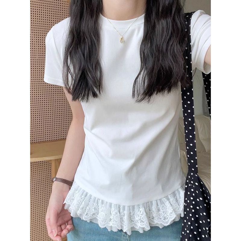 MY10971# 纯棉罗纹设计感小众蕾丝花边短袖T恤女夏季修身内搭韩版拼接上衣女裝貨源服裝批發