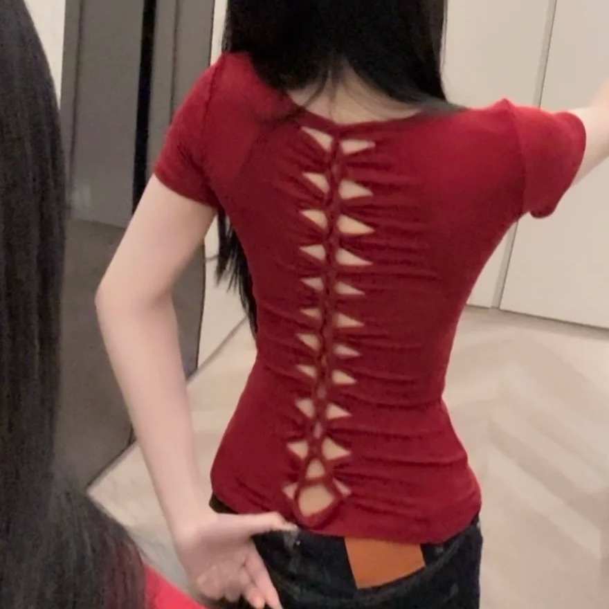 MY14100# 新款小众设计感修身显瘦美式纯欲辣妹后背镂空短袖T带胸棉女...