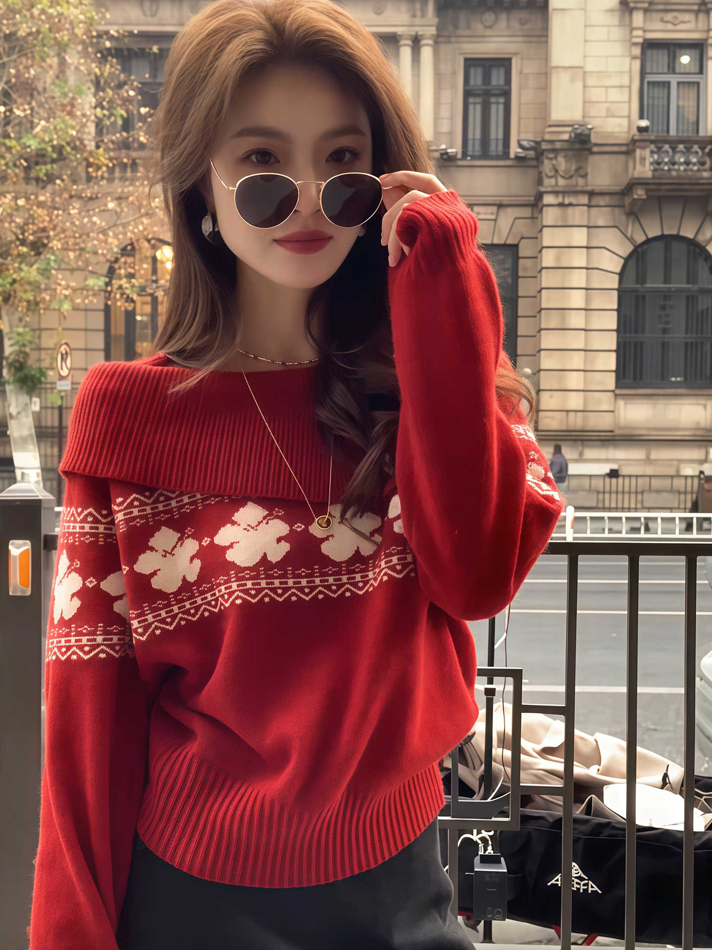 MY17451# 韩系穿搭费尔岛风大翻领针织衫新款红色高级感气质毛衣女裝貨源服裝批發