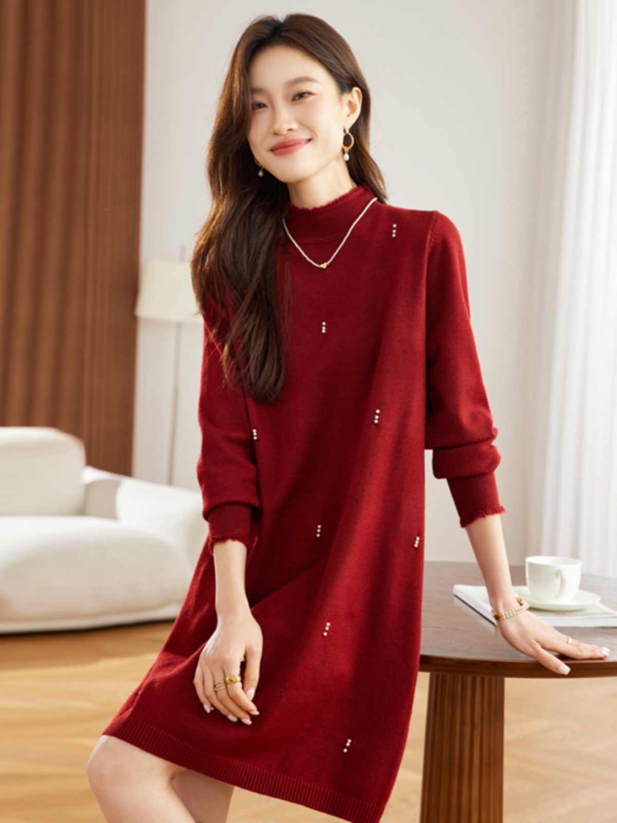 MY17450# 红色毛衣裙女士新款半高领羊毛针织打底连衣裙配大衣内搭女裝...