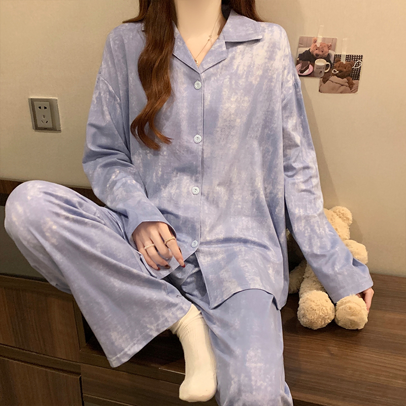 MY13906# 睡衣女长袖长裤休闲开衫翻领扎染新款冬夏季家居服女裝貨源服...