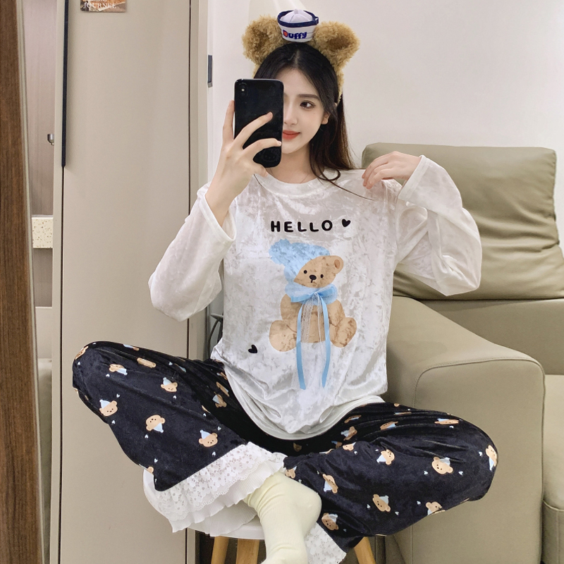 MY13901# 金丝绒睡衣女秋冬季长袖长裤保暖宽松可外穿两件套装家居服女...