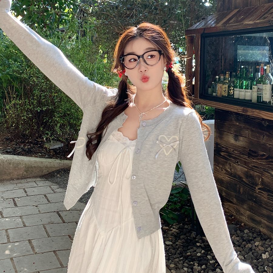 MY12248# 包芯纱蝴蝶结刺绣针织毛衣开衫外套女上衣女裝貨源服裝批發