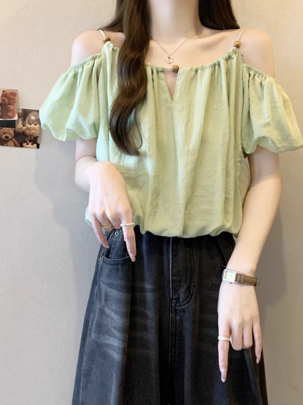 FA35044# 原版做工绿串珠挂脖清秀短袖衬衫夏胖mm漂亮小衫茶气露肩上衣 服裝批發女裝批發服飾貨源