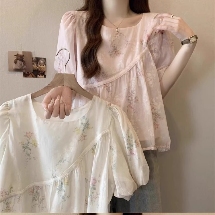 FA35043# 原版做工方领短袖衬衫女高级感别致漂亮小衫泡泡袖娃娃衫上衣 服裝批發女裝批發服飾貨源