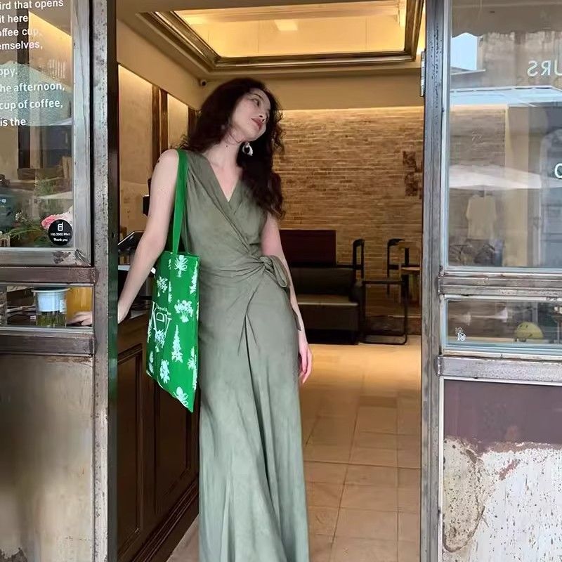 FA33112# 夏新中式国风交叠领围裹式无袖轻柔垂感连衣裙 服裝批發女裝批發服飾貨源