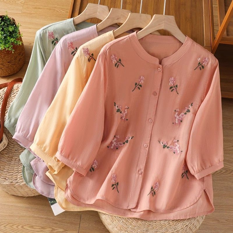 MY16568# 新中式轻奢上衣女夏新款重工刺绣遮肉衬衫文艺复古宽松五分袖...