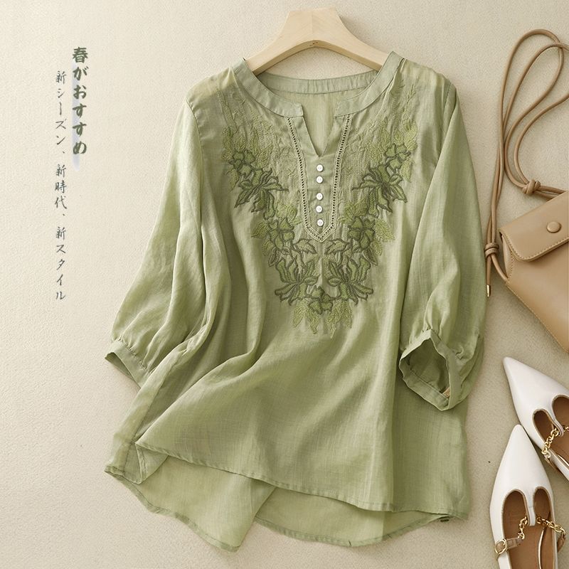 MY16565# 夏季新款短袖女苎麻刺绣原创文艺薄款纯色时尚洋气女装T恤女...