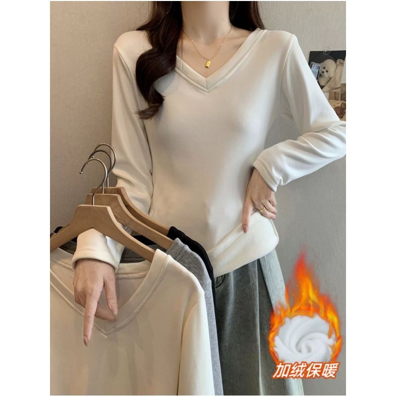 MY16555# 银狐绒加厚长袖v领修身打底衫女秋冬季大码保暖内衣T恤上衣...