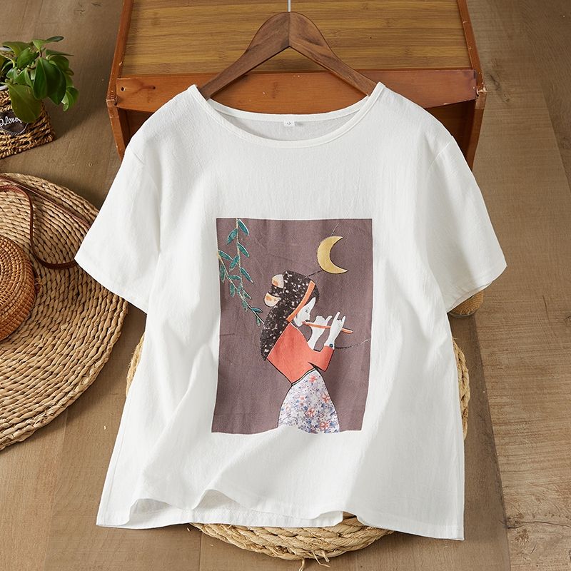 MY16671# 新款复古捡漏外贸印花亚麻上衣女夏宽松棉麻百搭短袖T恤套头...