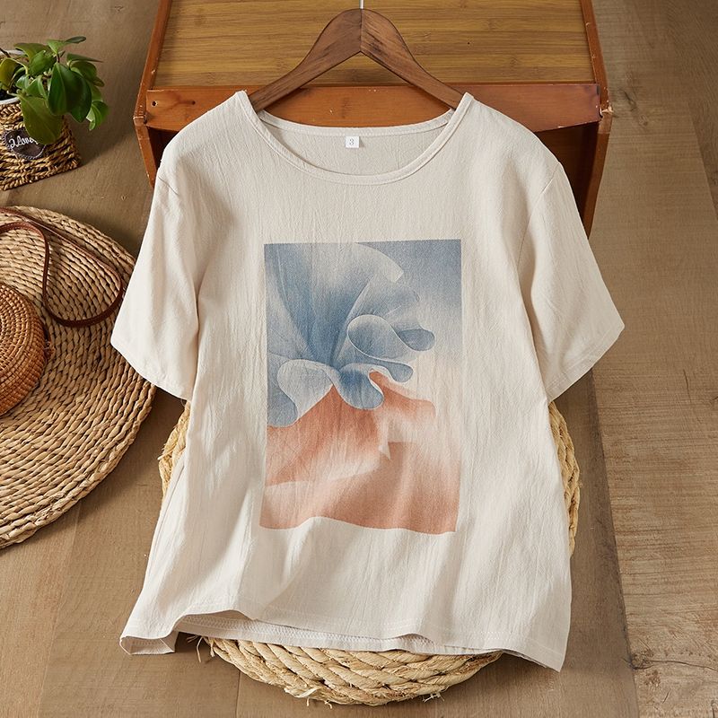 MY16672# 外贸原单复古棉麻印花短袖文艺T恤夏季宽松显瘦休闲百搭套头...