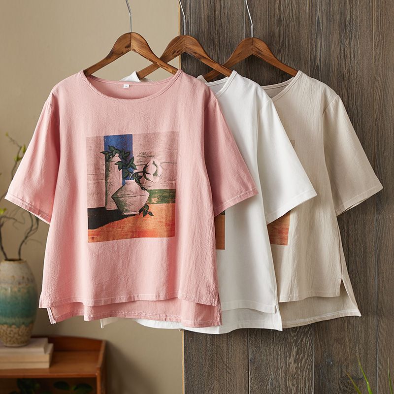 MY16673# 新款复古印花亚麻上衣女胖mm宽松遮肉显瘦麻料休闲短袖T恤...