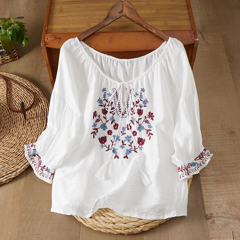 MY16674# 娃娃袖清新刺绣花边文艺灯笼袖纯棉宽松蓬蓬娃娃衫上衣女衬衫...