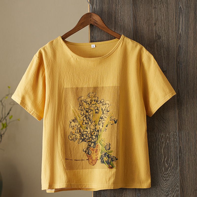 MY16675# 棉麻体恤女短袖夏装新款女式上衣宽松复古印花大码女装T恤潮...