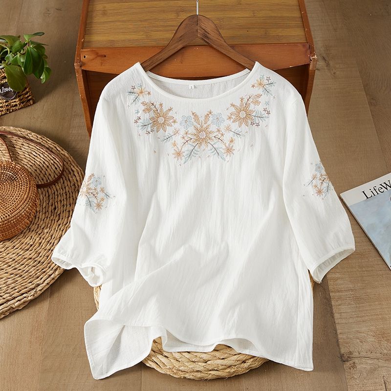 MY16678# 重工刺绣高端苎麻七分袖衬衫上衣宽松显瘦棉麻洋气小衫女裝貨...