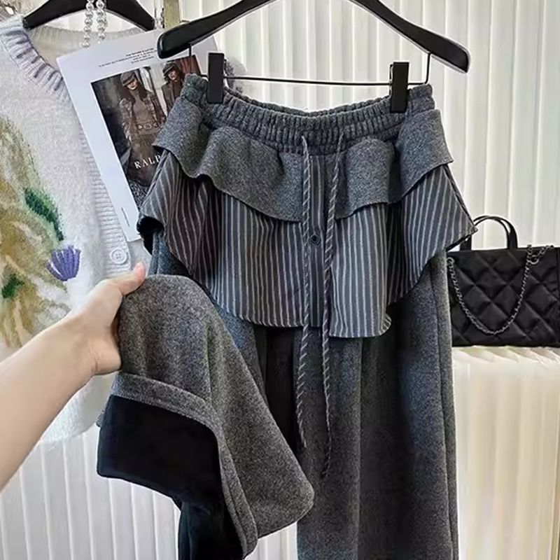 MY16963# 大码胖mm假两件条纹荷叶边加厚加绒裤子女装新款宽松阔腿裤潮女裝貨源服裝批發