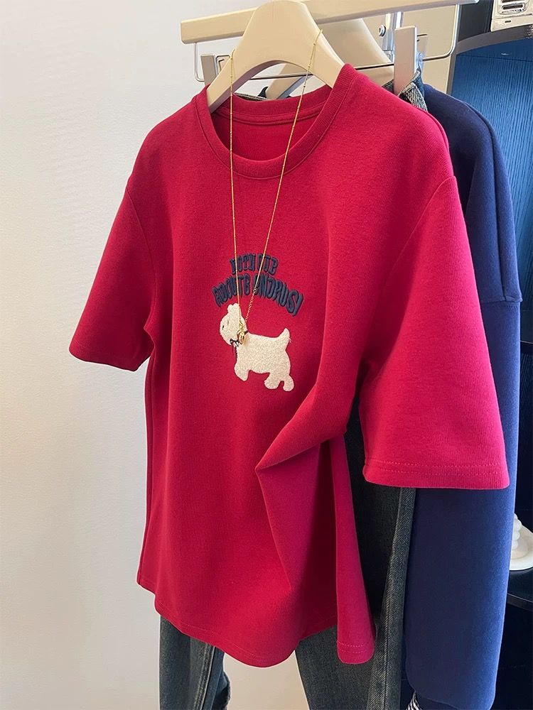 MY16957# 德绒韩版红色刺绣小狗短袖t恤新款百搭磨毛上衣女大码女裝貨...