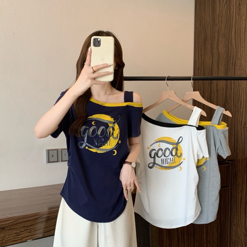 MY11359# 大码女装夏季新款设计斜领拼色收腰短袖T恤上衣女裝貨源服裝批發