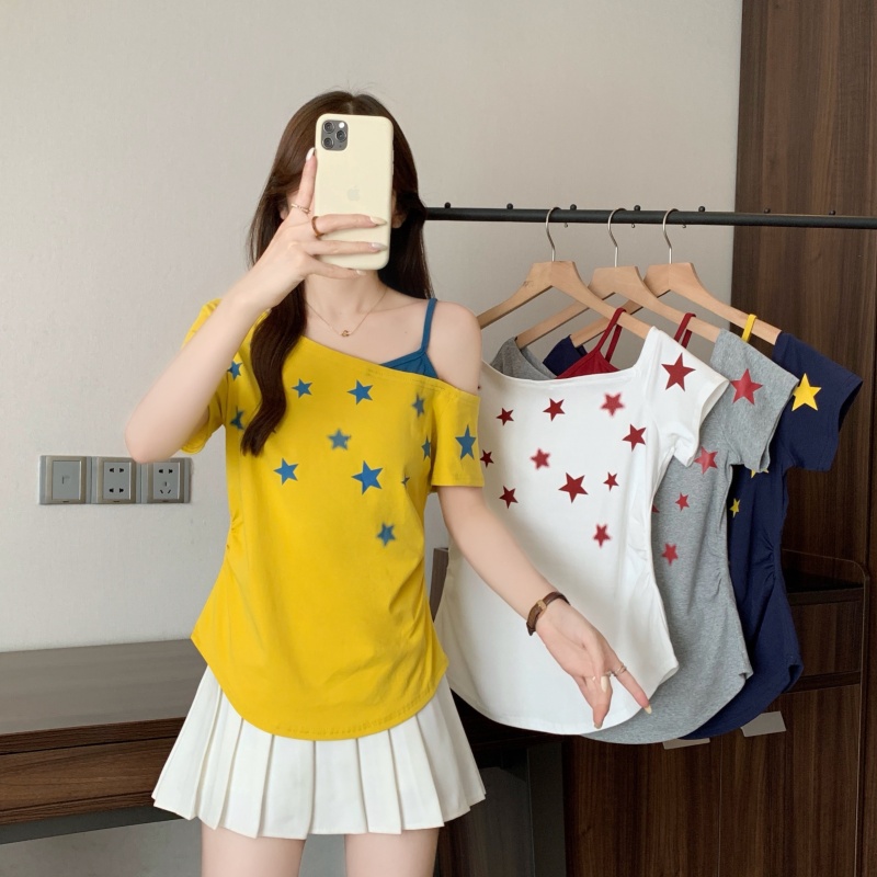MY11358# 大码女装夏季新款韩版彩点修身小众短袖T恤上衣女裝貨源服裝批發
