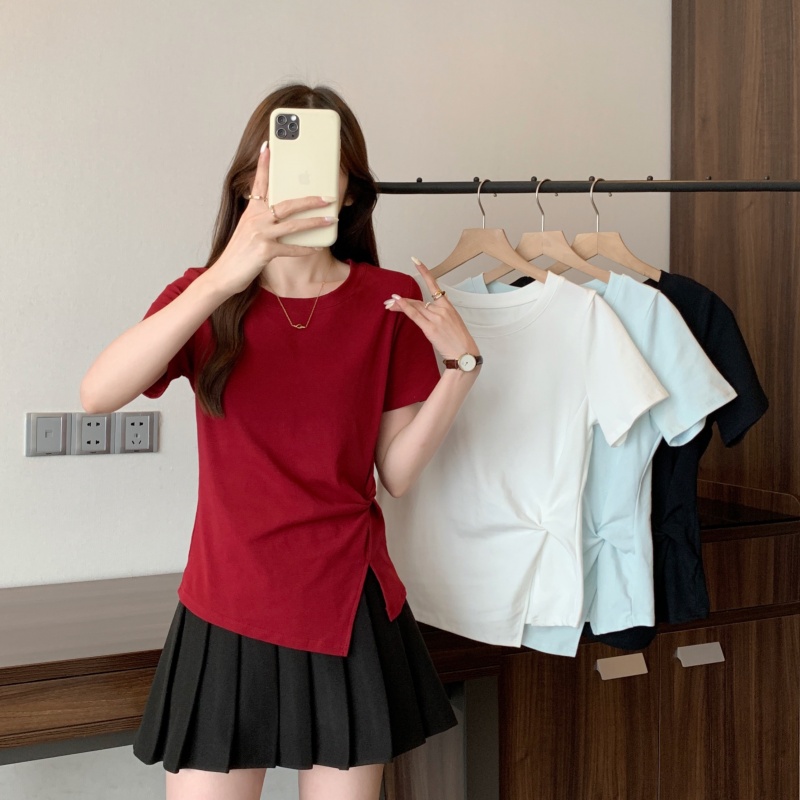 MY11356# 大码女装夏季新款圆领高腰ins收腰短袖T恤上衣女裝貨源服裝批發