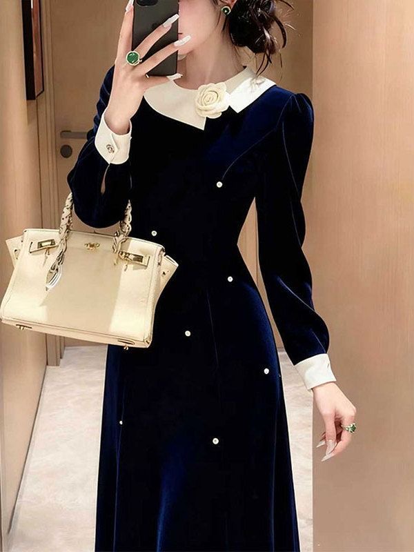 MY16264# 出席重要场合的裙子高端精致富家千金小香风藏蓝色丝绒连衣裙...