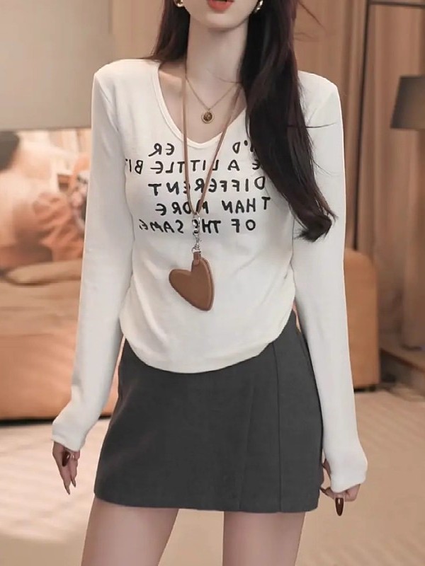 MY14677# 纯棉超好看长袖t恤女新款大码胖MM显瘦修身内搭打底衫v领上衣女裝貨源服裝批發