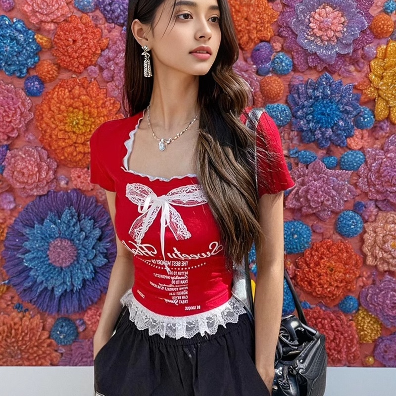 MY10841# 蝴蝶结印花蕾丝花边拼接方领短袖T恤女夏收腰遮肚上衣女裝貨源服裝批發