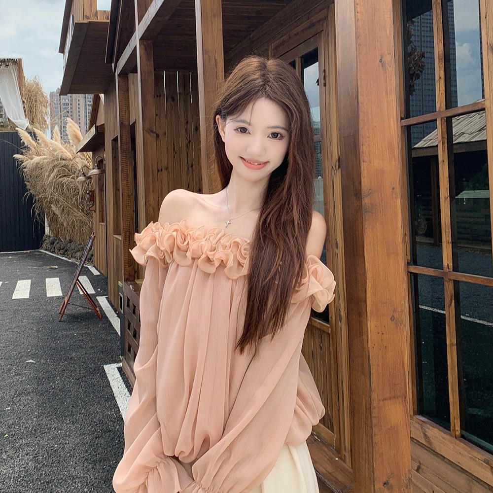 MY15802# 温柔风粉色一字肩长袖衬衫女法式chic衬衣宽松设计感露肩...