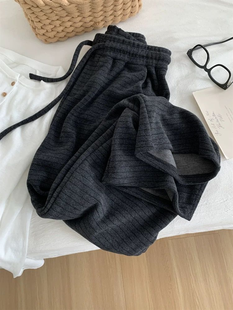 MY16812# 原版质量 特大码300斤韩系慵懒蚕丝条纹阔腿裤加厚拖地裤...