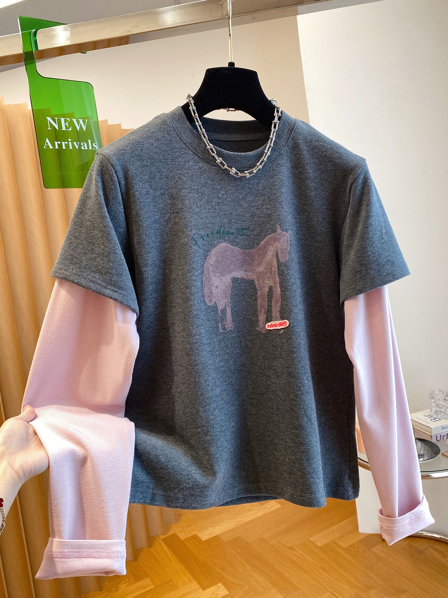 MY16805# 原版螺纹德绒 大码300斤超好看小马印花t恤女长袖假两上...