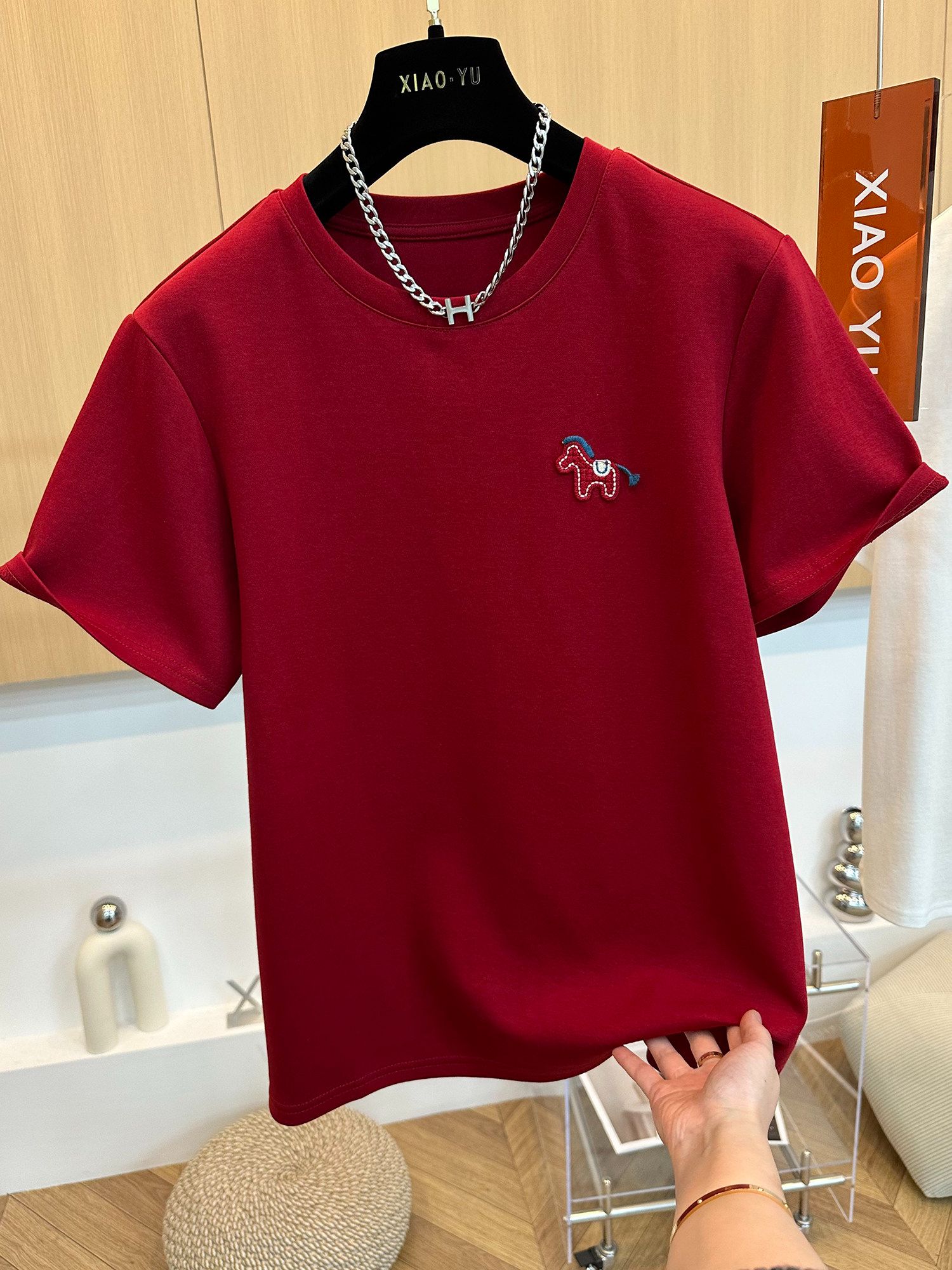 MY16803# 原版螺纹德绒大码300斤刺绣圆领短袖T恤女打底衫巨好看上...