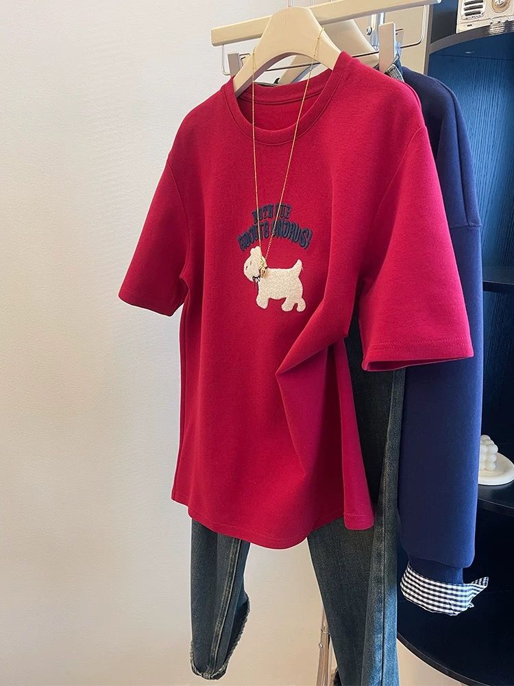 MY16801# 原版德绒 特大码300斤红色刺绣小狗短袖t恤女新款磨毛上...