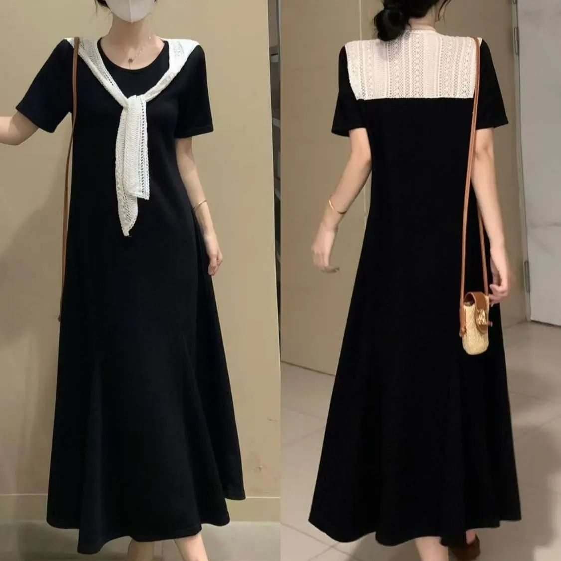 FA32989# 蝴蝶结海军领蕾丝边连衣裙女学院风法式收腰显瘦小黑裙子 服裝批發女裝批發服飾貨源