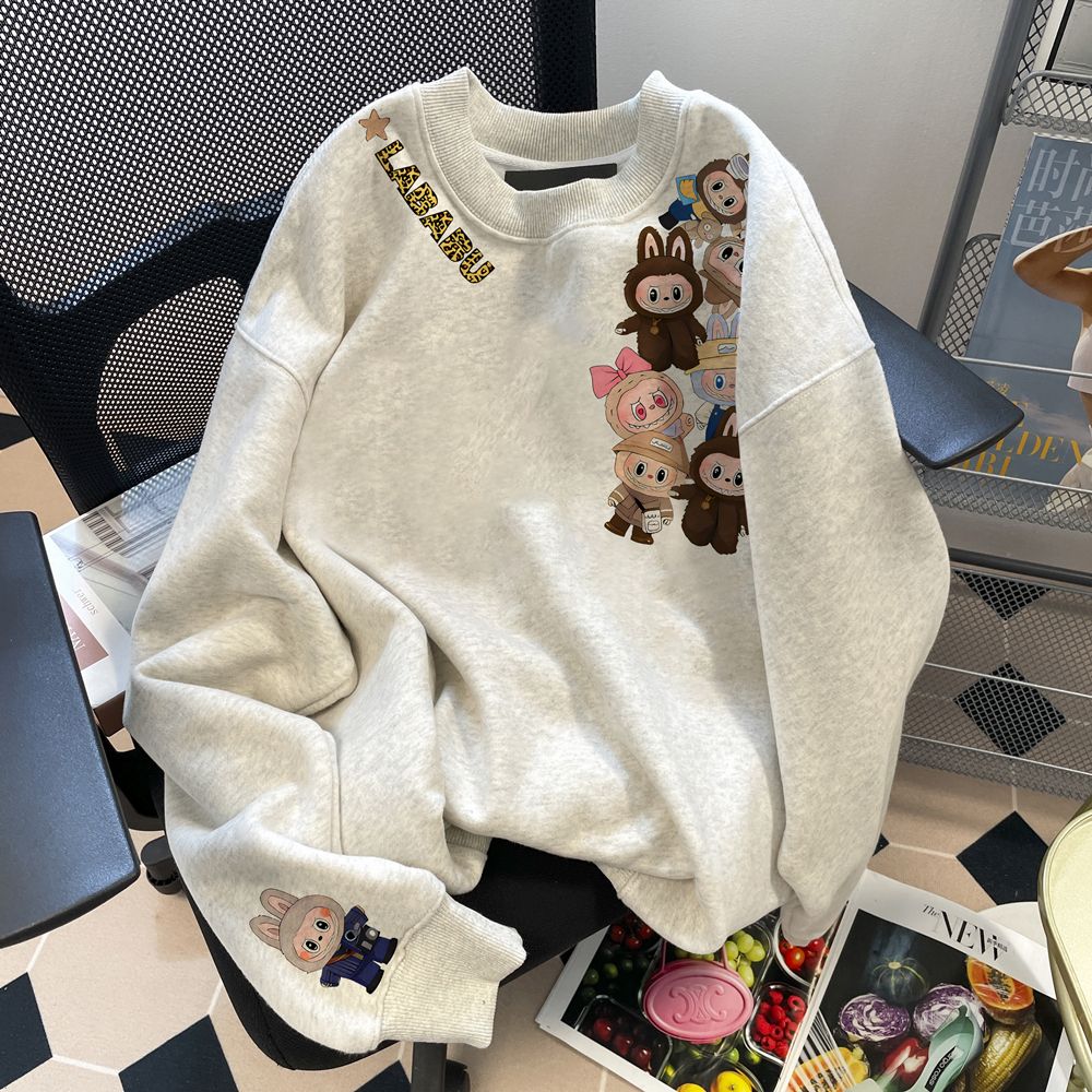 MY17468# 薄款 重磅华棉/银狐绒 拉布布图案印花男女圆领卫衣女裝貨源服裝批發