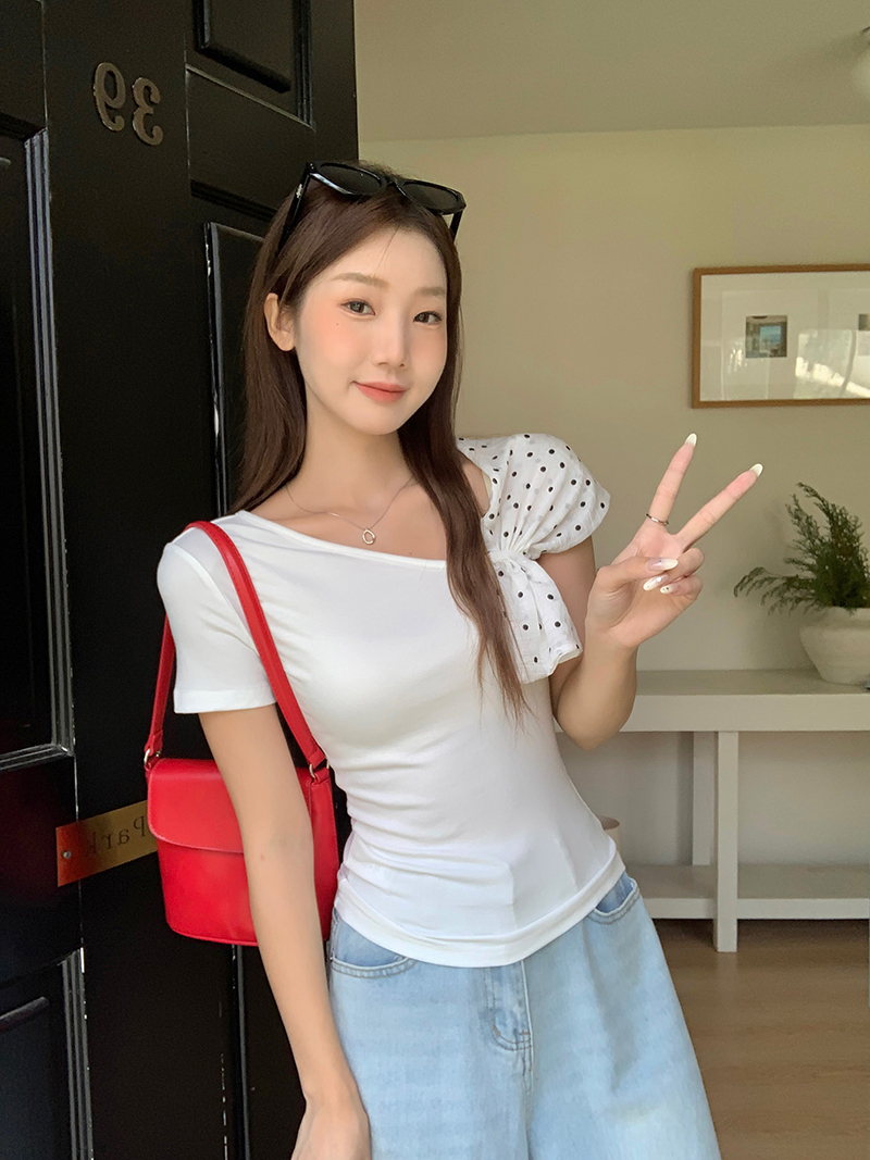 MY9192# 纯棉螺纹短袖t恤夏新款潮波点露肩修身短款斜领女装女裝貨源服裝批發