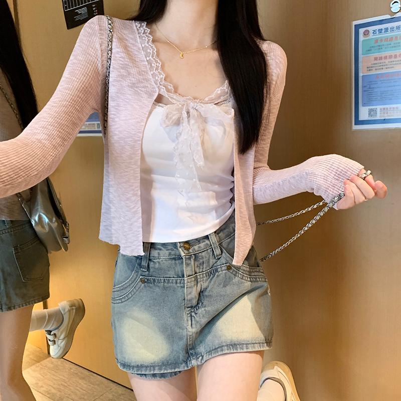 MY8187# 竹节麻防晒衣长袖t恤夏季潮开衫短外套蕾丝纯色上衣女装女裝貨源服裝批發