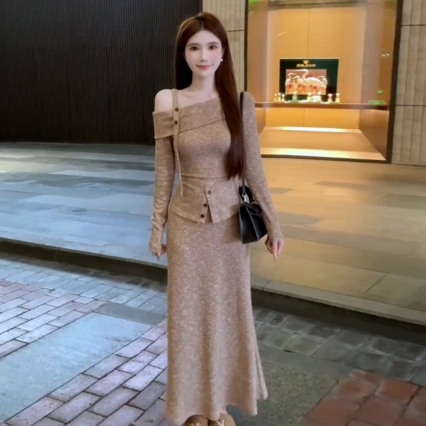 MY14267# 法式长袖针织连衣裙子女装氛围感穿搭一整套长裙套装女裝貨源服裝批發