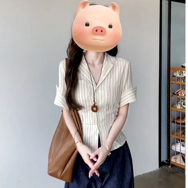 MY12388# 纹短袖衬衫女夏夏季设计感修身收腰衬衣短款上衣女裝貨源服裝...