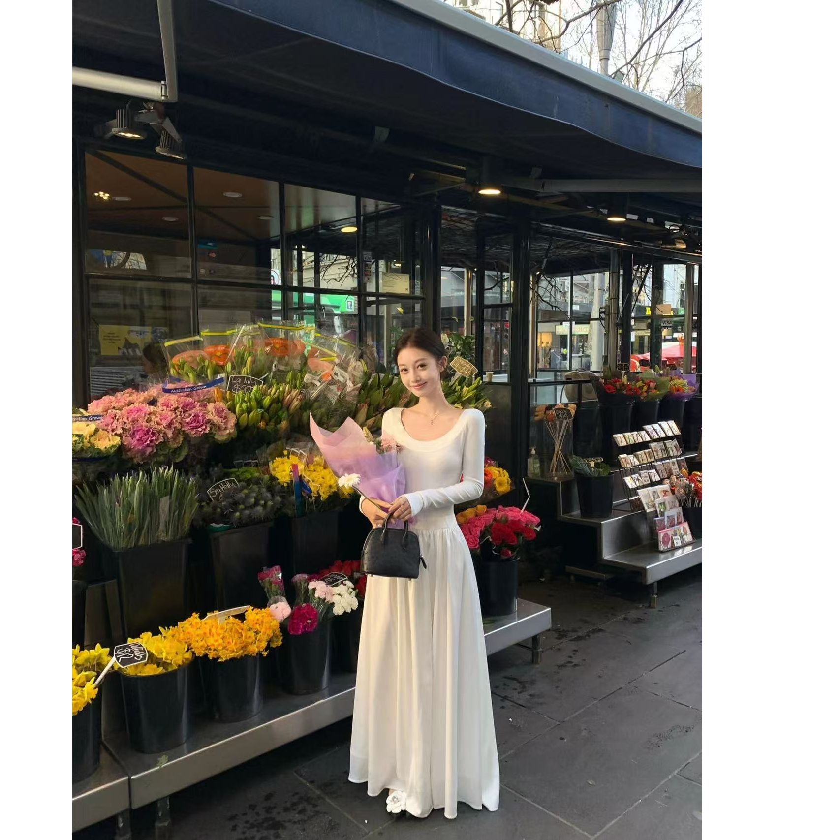 MY14913# 白色露背绑带长袖连衣裙女春秋季法式收腰显瘦气质长款纯欲a...